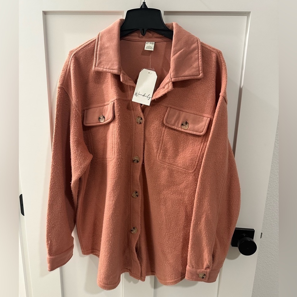 NWT Wonderly Fuzzy button down Shacket in Dull Rose, size L, brand new, pink